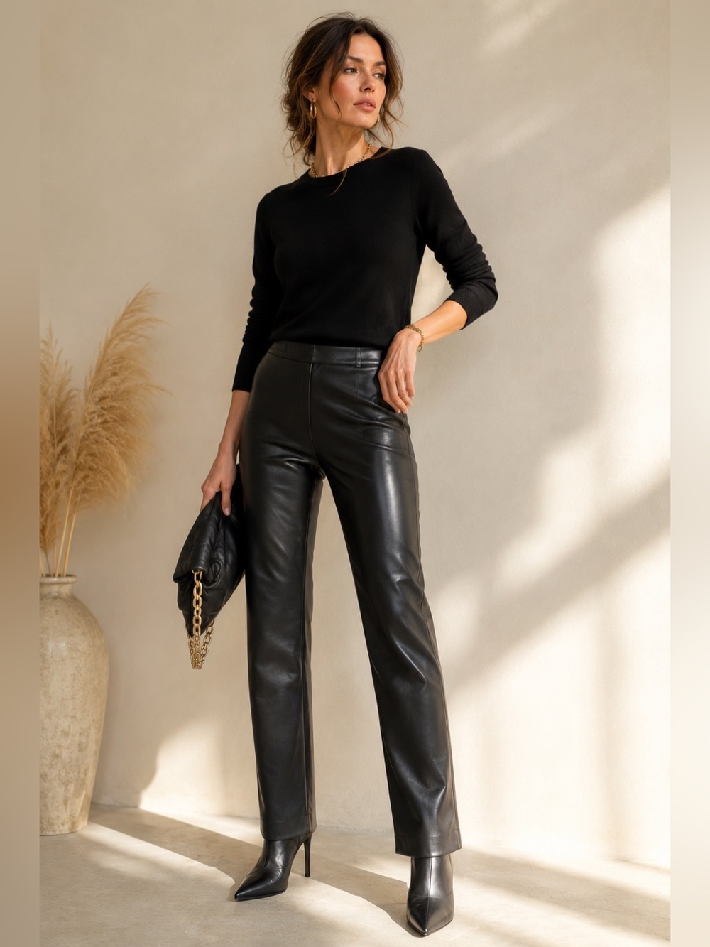 Diane von Furstenberg DVF Black Lamb Leather Straight Leg Pants Size 10